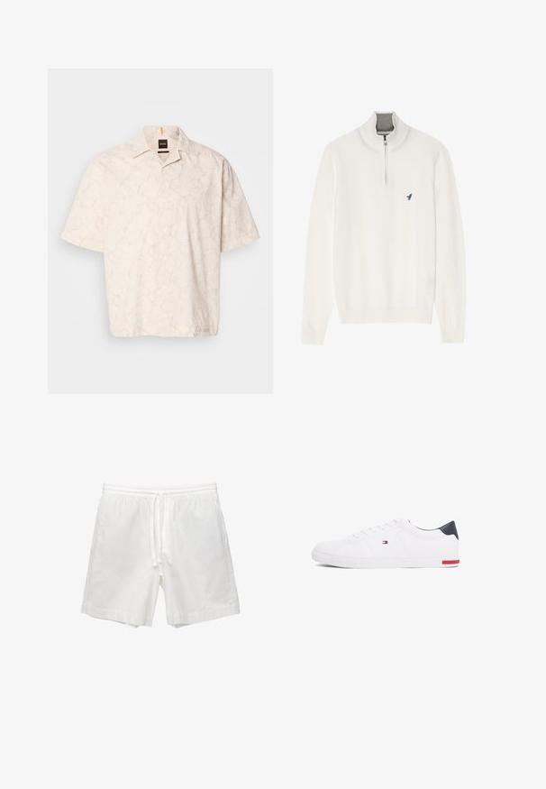 Maglione bianco con colletto grigio a zip, dotato di maniche lunghe e un piccolo logo di un uccellino blu sul petto. Texture morbida e liscia.; Camicia a maniche corte, con bottoni, di colore beige chiaro con un sottile motivo a marmo, realizzata in tessuto liscio, dotata di colletto classico e etichetta sul petto.; Shorts bianchi in cotone con vita elasticizzata e cordino, tasche laterali e taglio dritto con orli rifiniti.; Sneakers bianchi a punta bassa realizzati in pelle liscia. Presentano una tomaia blu navy sul tallone e un accento rosso sulla suola. Sei occhielli per i lacci.