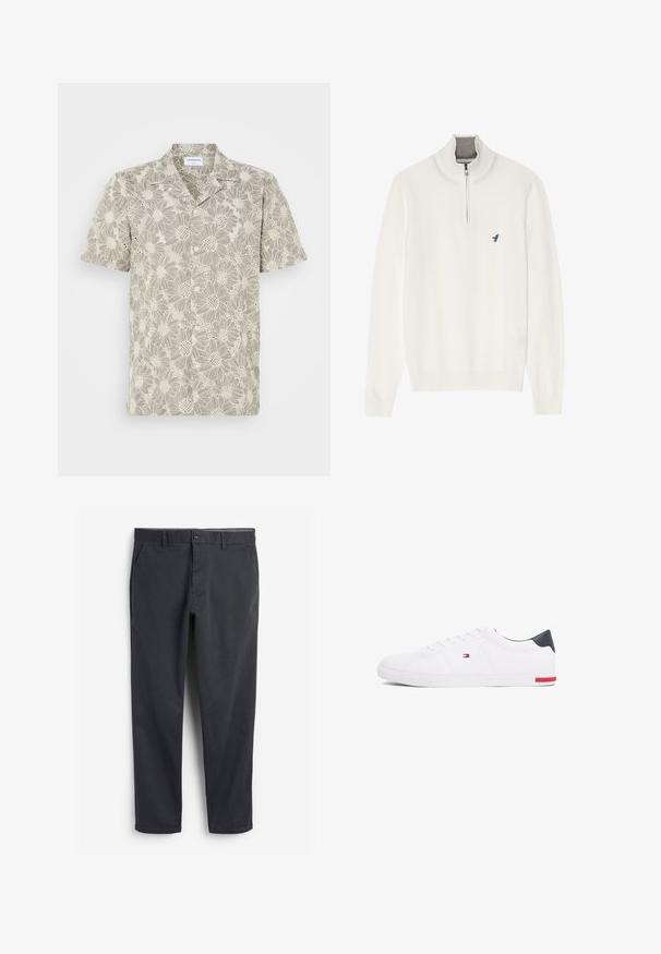 Valkoinen villapusero harmaalla vetoketjukauluksella, jossa on pitkät hihat ja pieni sininen linnunlogo rinnassa. Pehmeä, sileä rakenne.; Lyhythihainen paita vaaleassa beigeväri jossa on kukkakuvioista pitsiä, napit edessä ja klassinen kaulusuunnittelu.; Tummanharmaat chinosit, joissa on suora etuosa, sivutaskut ja nappikiinnitys. Sileä puuvillakangas, kapeneva lahkeiden muotoilu ja minimalistinen tyyli.; Valkoiset matalat tennarit, joissa on sileä nahka. Ominaisuuksiin kuuluu laivastonsininen kantapää ja punainen yksityiskohta pohjassa. Kuusi reikää nauhoille.