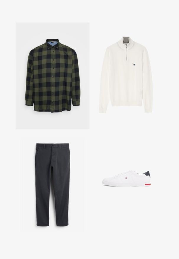 Valkoinen villapusero harmaalla vetoketjukauluksella, jossa on pitkät hihat ja pieni sininen linnunlogo rinnassa. Pehmeä, sileä rakenne.; Vihreä ja musta ruutukuosisella paidalla, jossa on pitkät hihat, napitus edessä ja klassinen kaulus. Valmistettu kevyestä kankaasta, jolla on sileä rakenne.; Tummanharmaat chinosit, joissa on suora etuosa, sivutaskut ja nappikiinnitys. Sileä puuvillakangas, kapeneva lahkeiden muotoilu ja minimalistinen tyyli.; Valkoiset matalat tennarit, joissa on sileä nahka. Ominaisuuksiin kuuluu laivastonsininen kantapää ja punainen yksityiskohta pohjassa. Kuusi reikää nauhoille.