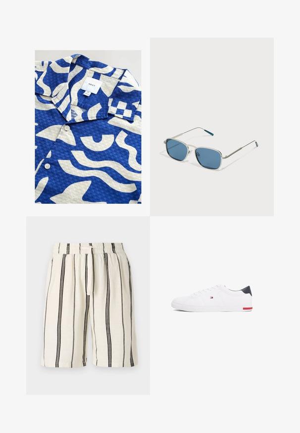 Pulover alb cu guler crem cu fermoar, cu mâneci lungi și un mic logo cu o pasăre albastră pe piept. Textură moale și netedă.; Cămașă cu mânecă scurtă din țesătură, cu un model abstract alb și albastru, guler standard și un singur nasture în față.; Pantaloni scurți din in cu un fond crema și dungi verticale negre, talie elastică și șnur. Design cu un croi lejer, până la genunchi.; Adidași albi cu vârf jos, din piele netedă. Prezintă un toc albastru marine și un accent roșu pe talpă. Șase gauri pentru șireturi.; Ochelari de soare cu un cadru metalic argintiu, lentile albastre de formă rectangulară și brațe subțiri. Prezintă accente albastre pe vârful tâmplelor.