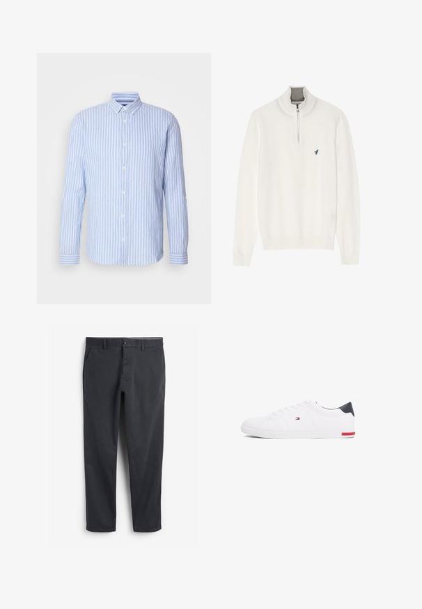Valge kootud sviiter halli tõmbluku kaelusega, pikkade varrukatega ja väikese sinise linnu logoga rinnal. Pehme ja sile tekstuur.; Heleheline ja valge triibuline pikkade varrukatega särk nööp-paealusega, ees on valged nööbid ja mansettide aktsendid.; Tumedashallased chinos, millel on sirge esiosaga, küljetaskud ja nööp sulgemine. Sile puuvillane kangas, kitsenev jalaosa disain ja minimalistik stiil.; Valged madalad tennisetossud, mis on valmistatud siledast nahast. Contains sinine kannaosa ja punase aktsendi kummipohjal. Kuus silmust paelte jaoks.