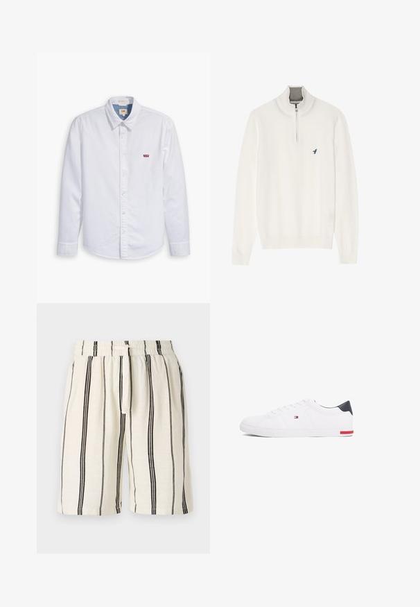 Sweater branco de pulôver com um colarinho cinza com zíper, apresentando mangas longas e um pequeno logo de um pássaro azul no peito. Textura suave e lisa.; Camisa branca de manga longa, com botões, feita de algodão. Apresenta um colarinho pontiagudo e um pequeno logotipo vermelho da Levi's no lado esquerdo do peito. Textura suave.; Calções de linho com uma base crème e riscas verticais pretas, com cintura elástica e cordão. Design de ajuste descontraído, até ao joelho.; Sapatilhas brancas de cano baixo feitas de couro liso. Apresentam um bico azul-marinho e um detalhe vermelho na sola. Seis ilhoses para os atacadores.
