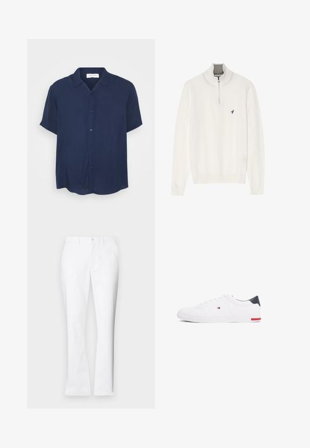 Balts svītrojums ar pelēku rāvējslēdzēja apkakli, ar garām piedurknēm un mazu zilu putnu logo uz krūtīm. Mīksta, gluda tekstūra.; Jūras spēku īsās piedurknes krekls, izgatavots no gludas auduma, ar pogu priekšējo aizdari, apkakli un izliekto apakšmalu.; Baltas kokvilnas bikses ar taisnu kāju dizainu, priekšējām kabatām, vienu pogu aizdari un gludu tekstūru.; Baltas zemu topu sporta apavus, kas izgatavoti no gludas ādas. Satura tumši zilu papēža daļu un sarkanu akcentu uz zoles. Seši caurumi šņorēm.