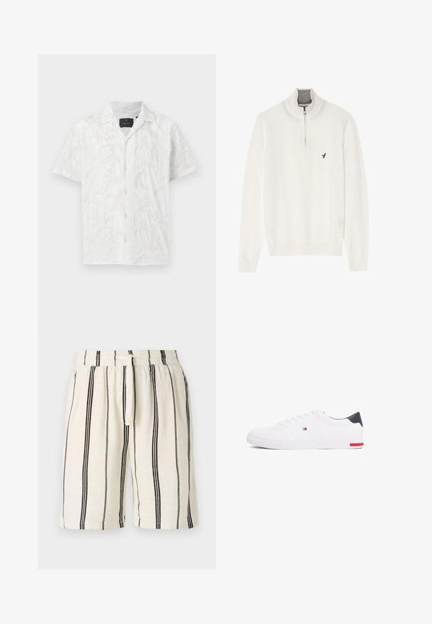 Bílý svetr s šedým zipem na límci, s dlouhými rukávy a malým modrým logem ptáčka na hrudi. Měkká, hladká textura.; Bílá košile s krátkým rukávem s jemnou výšivkou listových a květinových vzorů. Zajímavými detaily jsou zapínání na knoflíky vpředu a límec.; Lněné šortky s krémovým podkladem a vertikálními černými pruhy, s elastickým pasem a šňůrkou. Uvolněný střih, délka po kolena.; Bílé nízké tenisky vyrobené z hladké kůže. Mají tmavě modrý opatek a červený akcent na podrážce. Šest ok pro tkaničky.