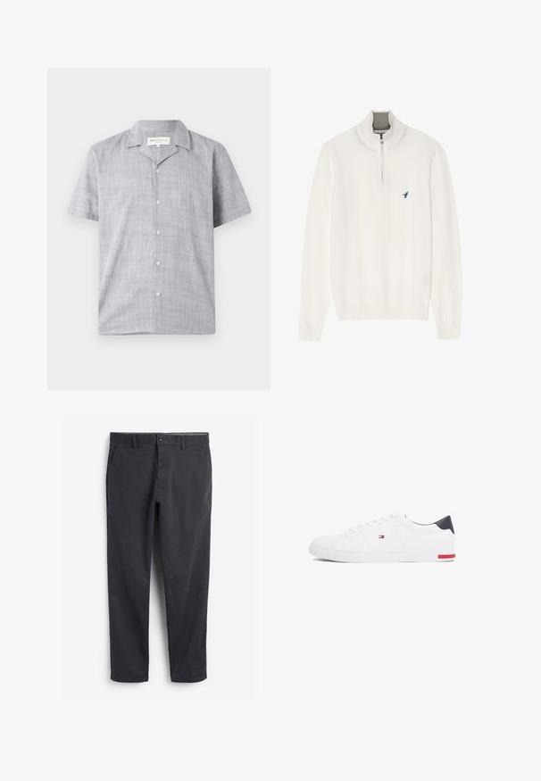 Biely sveter s šedým zipsom na golieri, s dlhými rukávmi a malým modrým logom vtáka na hrudi. Mäkka, hladká textúra.; Krátky rukáv košele v svetlej šedej farbe, vyrobená z textúrovanej tkaniny. Obsahuje golier, šesť gombíkov a voľný strih.; Tmavo šedé chinos nohavice s plochým predkom, bočnými vreckami a gombíkovým zapínaním. Hladká bavlnená tkanina, zúžený strih nohavíc a minimalistický štýl.; Biele nízkoprevádzkové tenisky vyrobené z hladkej kože. Majú námornícke zadočnú časť a červený akcent na podrážke. Šesť dierok na šnúrky.