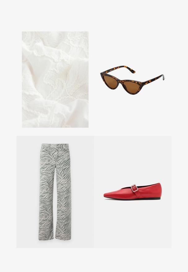 Beige sweater with ribbed texture, featuring blue floral embroidery. Round neckline and loose, long sleeves.; Next REGULAR FIT EMBROIDERED LONG SLEEVE - Button-down blouse - white; Light gray jeans with a tiger stripe pattern in dark gray. They feature a straight-leg design and traditional denim stitching.; Red leather flat shoe with a pointed toe, featuring a side strap with a metal buckle and a low black heel. Smooth texture throughout.; Cat-eye sunglasses with a black and orange tortoiseshell frame, brown lenses, and sleek, pointed tips. Features a minimal logo on the temple.