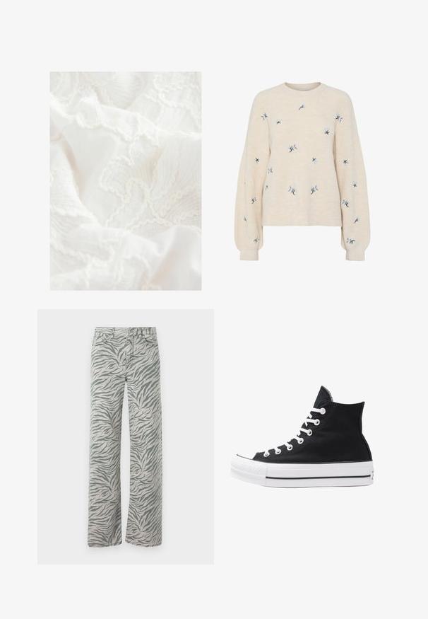 Vaaleanbeige villapaita, jossa on ribbikuviointi ja sinisiä kukka-ompeluja. Pyöreä pääntie ja löysät pitkät hihat.; Next REGULAR FIT EMBROIDERED LONG SLEEVE - Paitapusero - white; Vaaleanharmaat farkut, joissa on tummanharmaa tiikerinraidallinen kuvio. Niissä on suora lahje ja perinteinen farkkusauma.; Korkean ylösulkeutuvan mustan kankaan lenkkitossun, jossa on valkoiset rei'itykset, nauhat ja kumipohja. Sisältää teksturoituneen kärkitilan ja musta-valkoiset raidat.