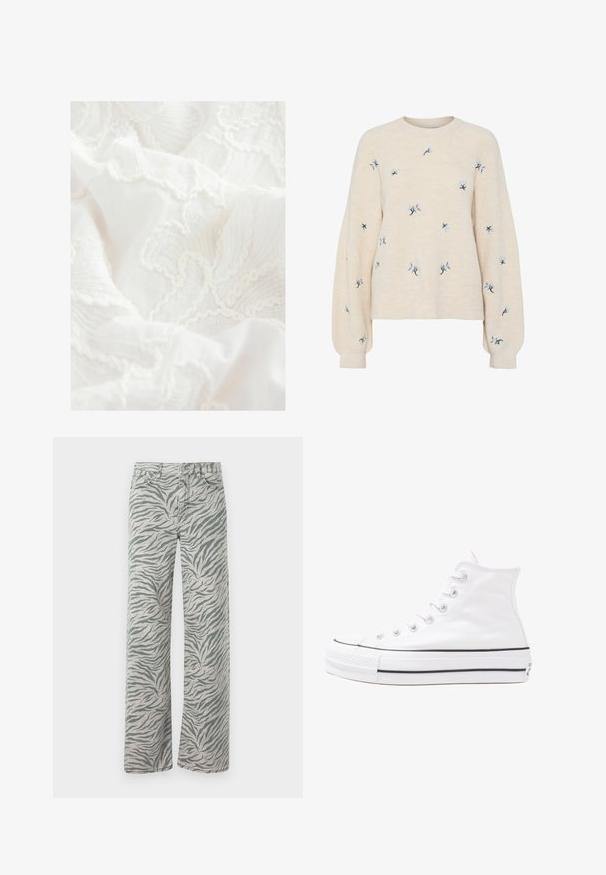Beżowy sweter o prążkowanej strukturze, z niebieskim haftem w kwiaty. Okrągły dekolt i luźne, długie rękawy.; Next REGULAR FIT biały; Jasnoszare dżinsy z wzorem w paski tygrysa w ciemnoszarym kolorze. Posiadają prostą nogawkę i tradycyjne przeszycia dżinsowe.; Białe wysokie trampki z płótna z czarną gumową podeszwą, przednim czubkiem z gumy i sześcioma dziurkami na sznurowadła, charakteryzujące się prostym, minimalistycznym designem.