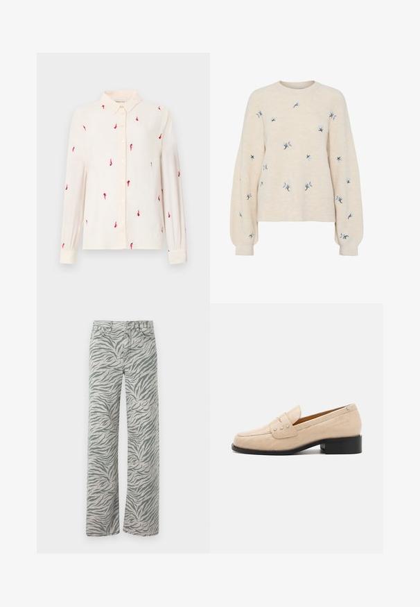 Beżowy sweter o prążkowanej strukturze, z niebieskim haftem w kwiaty. Okrągły dekolt i luźne, długie rękawy.; Jasno beżowa koszula z długim rękawem i kołnierzykiem zapinanym na guziki, z haftem czerwonych ptaków w całej powierzchni oraz zapięciem na guziki z przodu i przy mankietach.; Jasnoszare dżinsy z wzorem w paski tygrysa w ciemnoszarym kolorze. Posiadają prostą nogawkę i tradycyjne przeszycia dżinsowe.; Beżowe skórzane mokasyny z teksturą krokodyla, z kwadratowym noskiem i trzema metalicznymi akcentami w kształcie gwiazdy na górze. Czarne niskie obcasy.