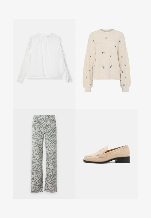 Beige Pullover mit gerippter Textur, verziert mit blauer Blumenstickerei. Rundhalsausschnitt und lockere, lange Ärmel.; Weißes Langarmoberteil mit rundem Ausschnitt und Gathered-Details an den Ärmeln. Hergestellt aus leichtem Stoff mit fließendem Schnitt.; Helle graue Jeans mit einem Tigerstreifenmuster in Dunkelgrau. Sie verfügen über einen geraden Beinanschnitt und traditionelle Denim-Nähte.; Beige Leder Slipper mit Krokodilstruktur, eckiger Zehenpartie und drei metallischen Sternakzenten an der Oberseite. Schwarzer Blockabsatz.