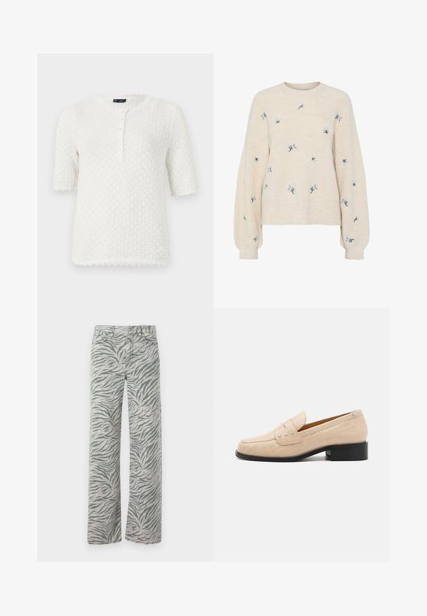 Maglione beige con texture a coste, caratterizzato da ricami floreali blu. Collo rotondo e maniche lunghe, morbide.; GAP POINTELLE - T-shirt basic - ivory frost; Jeans grigi chiari con un motivo a strisce di tigre grigio scuro. Presentano un design a gamba dritta e una cucitura in denim tradizionale.; Mocassini in pelle beige con texture a coccodrillo, caratterizzati da una punta quadrata e tre stelle metalliche sulla parte superiore. Tacco basso nero.