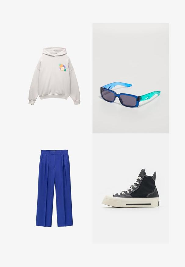 Hellgrauer Kapuzenpullover mit abgerundetem Saum, langen Ärmeln und einem bunten Fruchtmotiv auf der Brust in Orange, Lila und Grün.; Gestreiftes T-Shirt in Grau und Gelb mit kurzen Ärmeln, Rundhalsausschnitt und großen weißen Text "INSPIRATION COMINGS" auf der Vorderseite.; Weite Hosen aus leuchtend blauem Stoff, mit hoher Taille, Falten und Seitentaschen. Glatte Textur mit maßgeschneidertem Sitz.; Hochschuh mit schwarzem Canvas-Obermaterial, kontrastierenden weißen Nähten und einer dicken cremefarbenen Gummisohle. Verfügt über runde Schnürsenkel und eine strukturierte Rückseite.; Blaue und grüne Sonnenbrille mit rechteckigen Gläsern; transparente Fassung; strukturierte blaue Bügel; dunkle Gläser; auffällige Markenkennzeichnung an der Seite.