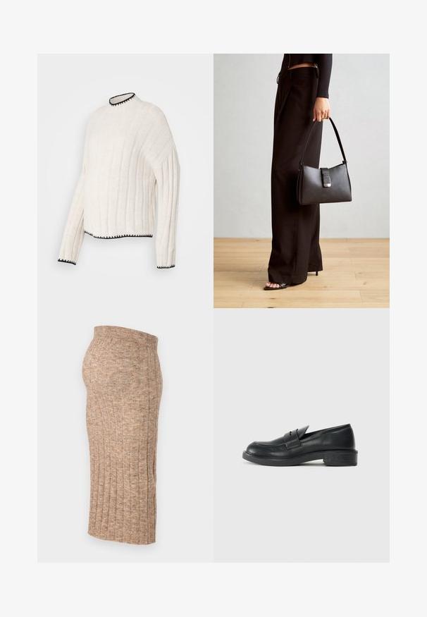 Off-white rebrasti pulover z visokim ovratnikom, ki se ponaša z črnimi obrobami na ovratniku in robu, izdelan iz teksturirane tkanine.; Braun rebrast obleka s elastiko v pasu, do kolen, s gladko teksturo in enotnim vzorcem, prikazana s stranske strani na beli podlagi.; Črne usnjene loafer čevlje z zaobljenim nosom, šivanim detajlom in majhnim peto. Gladka tekstura in fleksibilen gumijast podplat.; Črna torbica z strukturirano obliko, gladko teksturo in kovinskim zaponko. Ujemajo se z širokimi črnimi hlačami in odprtimi sandali na lesenem tleh.