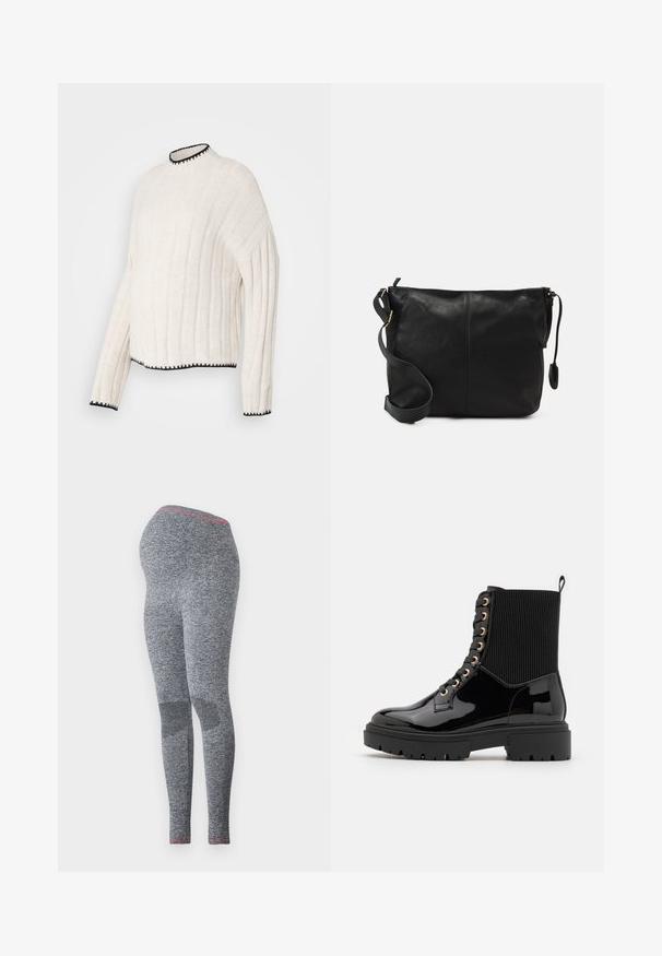 Maglione a coste bianco sporco con colletto alto, caratterizzato da dettagli neri al colletto e all'orlo, realizzato in tessuto strutturato.; Leggings per maternità di colore grigio scuro, con una finitura testurizzata e un accento rosa in vita, progettati con una silhouette aderente.; Stivali ankle in pelle verniciata nera con tomaia in tessuto a coste testurizzato, occhielli dorati, lacci neri e suola robusta.; Borsa a tracolla in pelle nera con forma piatta, dettagli in metallo dorato e tracolla regolabile. Texture liscia con dettagli di cucitura minimi.