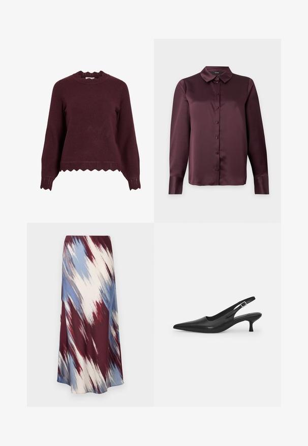 Burgundská pletená mikina s dlhými rukávmi, vykrojeným výstrihom a štruktúrovaným lemom s vlnkovým vzorom. Mäkký materiál, priliehavý strih.; Burgundská saténová blúzka s gombíkmi, klasickým golierom a dlhými rukávmi, s hladkou textúrou. Obsahuje predný pánt s ladiacimi gombíkmi.; Dlhá sukňa s diagonálnym vzorom tie-dye v burgundskej, modrej a krémovej farbe, vyrobená z jemnej látky s splývavým strihom a jemným leskom.; Čierne kožené sandále s úzkym špičatým prstom a štíhlym zakriveným podpätkom. Majú diskrétny nastaviteľný popruh s kovovou sponou.