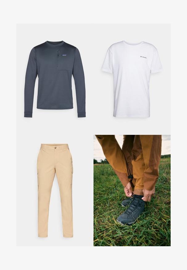Dlhý rukáv, tmavomodrá syntetická košeľa s okrúhlym golierom, vreckom na hrudi a polovičným zipsom. Hladká textúra a priliehavý strih.; Biela bavlnená tričko s krátkymi rukávmi, okrúhlym výstrihom a malým čiernym logom Columbia potlačeným na hrudi. Hladká textúra.; Béžové cargo nohavice s gombíkovým zapínaním, slim fit strihom, bočnými vreckami a hladkým bavlneným zložením. Žiadne viditeľné vzory ani akcenty.; Čierne turistické topánky s textúrovanými vrchmi a šnúrkami, nosené s hnedými nepremokavými nohavicami, položené na zelenej tráve pod zamračenou oblohou.