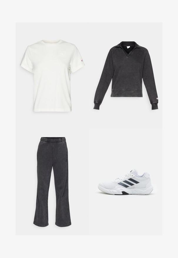 Sudadera tipo pullover en gris oscuro, hecha de un tejido suave y texturizado. Cuenta con un escote en V profundo, mangas largas y puños de canalé, con un logo en el pecho.; Camiseta de algodón blanca de manga corta con cuello redondo y un pequeño logo en la parte superior izquierda del pecho. Textura suave y ajuste estándar.; Pantalones sudadera acampanados en tela gris oscuro con una textura suave. Cuenta con una cintura elástica y un logo bordado en el lateral.; Zapatilla deportiva blanca con parte superior de malla, tres franjas negras a los lados, acentos texturizados y una suela de goma resistente con una sección negra en contraste.
