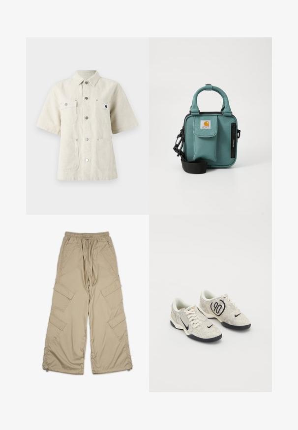 Λευκή φούτερ με κουκούλα και μπροστινή τσέπη. Διαθέτει ελάχιστο μαύρο κείμενο "Pegador" με διακοσμητικό σχέδιο φύλλου από πάνω. Υλικό από βαμβάκι.; Καθημερινό πουκάμισο κοντομάνικο σε ανοιχτό μπεζ ύφασμα, με μύτη γιακά, κούμπωμα μπροστά, δύο τσέπες στο στήθος και μια μικρή θηλιά λογότυπου στα αριστερά.; Μπεζ cargo παντελόνι με ελαστική μέση, πολλές πλαϊνές τσέπες και χαλαρή εφαρμογή. Φτιαγμένο από ελαφρύ, λείο ύφασμα με λεπτομέρειες ραφής.; Nike αθλητικά παπούτσια με μπεζ και γκρί υφή, μαύρες λεπτομέρειες, μεγάλο λογότυπο "90" και λευκό κορδόνι. Μαύρη σόλα.; Τσάντα ταχυδρομείου από ύφασμα σε απόχρωση τιρκουάζ με κοντές λαβές, φερμουάρ, μπροστινή τσέπη με καπάκι, ρυθμιζόμενο λουρί και λογότυπο Carhartt στο μπροστινό μέρος.