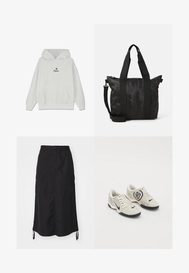 Sudadera blanca con capucha y bolsillo frontal. Presenta un texto negro mínimo "Pegador" con un diseño de hoja decorativa arriba. Material de algodón.; Falda negra de longitud media hecha de tejido ligero. Cuenta con una cintura elástica, cierre de botones y bolsillos laterales con detalles de cordón.; Zapatillas Nike con un upper texturizado en beige y gris, acentos negros, un gran logo de "90" y un cierre de cordones blancos. Suela negra.; Bolsa tote negra con tejido texturizado, asas superiores dobles y una correa de hombro desmontable. Cuenta con un cierre con cremallera para un almacenamiento seguro.