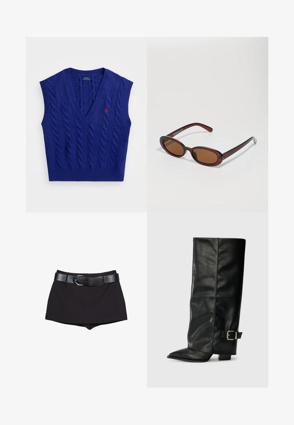 Niebieski, dzianinowy, bezrękawnik z dekoltem w serek, wzorem w warkocze, prążkowanymi brzegami oraz małym, czerwonym haftowanym logo na piersi.; Jasnoniebieska koszula z pionowymi białymi i różowymi paskami, z kołnierzykiem i długimi rękawami, z plisą z tyłu oraz zapięciem na guziki przy mankietach.; Czarne szorty o gładkiej fakturze, z szerokim czarnym paskiem i srebrną klamrą, skrojone w dopasowanym kroju z lekko podwyższonym stanem.; Czarne skórzane botki do kostek z ostrym noskiem, gładką fakturą i srebrnym zapięciem z boku. Gruby kwadratowy obcas.; Okrągłe, brązowe okulary przeciwsłoneczne z błyszczącą bordową oprawą. Cienkie ramiona z subtelnym detalem marki. Płaski kształt soczewek.