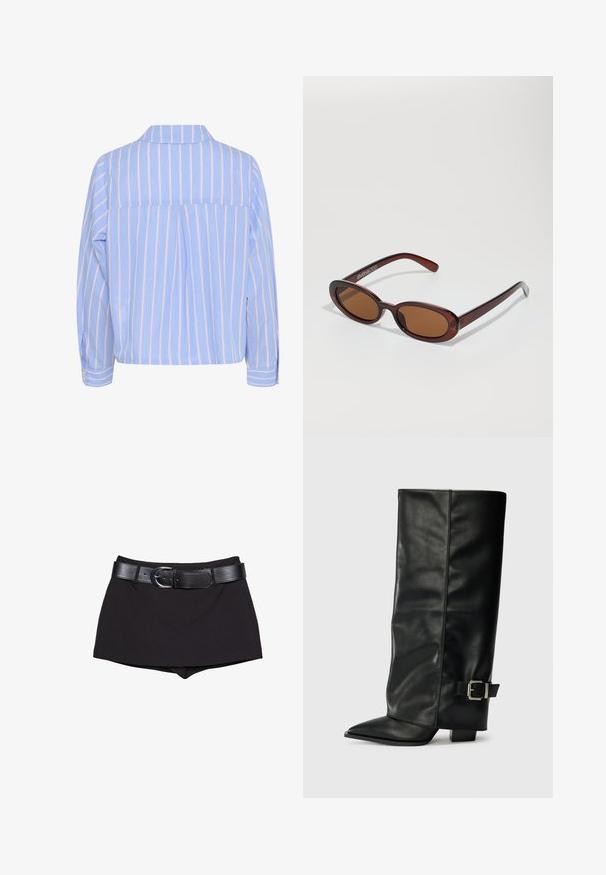 Modra pletena brezrokavnik s črnim izrezom, kabelnim vzorcem, rebrastimi robovi in majhnim rdečim vezenim logotipom na prsih.; Svetlo modra srajca z navpičnimi belimi in roza črtami, ovratnikom in dolgimi rokavi, ki ima zadnji pregib in gumbaste manšete.; Črne kratke hlače z gladko teksturo, opremljene s širokim črnim pasom in srebrno spono, krojene v oprijetem slogu z rahlo visokim pasom.; Črne usnjene gležnjarje do gležnjev z ostrim nosom, gladko teksturo in srebrnim sponko akcentom na strani. Debel kvadratni peti.; Okrogle, rjavo obarvane sončne naočare z sijočim burgundskim okvirjem. Tanek nosilec s subtilnim logotipom. Oblika leč je ravna.