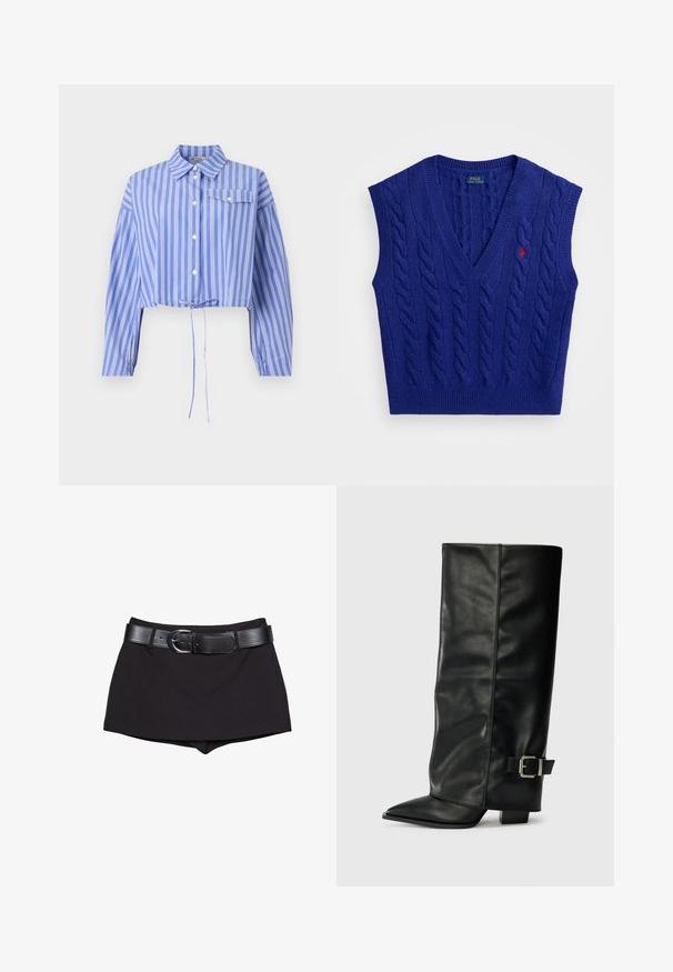 Modrý pletený bezrukávový sveter s výstrihom do V, káblovým vzorom, rebrovanými okrajmi a malým červeným vyšívaným logom na hrudi.; Zrezaná modrá košeľa s bielymi vertikálnymi pruhmi, s gombíkmi na prednej strane, golierom a elastickými rukávmi s šnúrkou na spodku a vreckom na prsiach.; Čierne šortky s hladkou textúrou, vybavené širokým čiernym opaskom a striebornou sponou, strihané v priliehavom dizajne s mierne zvýšeným pásom.; Čierne kožené členkové topánky s špicatou špičkou, hladkou textúrou a striebornou prackou na boku. Masívny štvorcový podpätok.