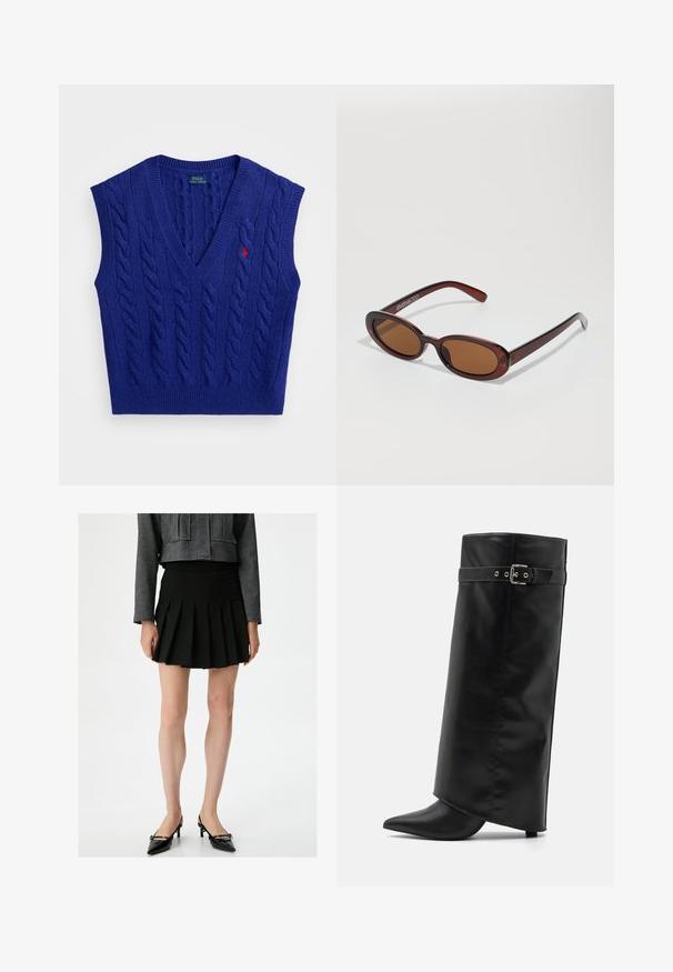 Blauwe gebreide mouwloze vest met V-hals, kabelpatroon, geribde randen en een klein rood geborduurd logo op de borst.; Witte lange mouw top van zachte, gladde stof. Heeft een ronde hals en een slim fit met minimale stikdetails.; Zwarte geplooide rok met een gladde textuur. Gecombineerd met een korte, grijze textuurjasje en stijlvolle zwarte hakken. Eenvoudig, klassiek ontwerp.; Even&Odd Laarzen met hoge hak - black; Ronde, bruin getinte zonnebril met een glanzend bordeauxrood frame. Slanke pootjes met subtiele merkdetails. Vlakke lensontwerp.; Donkerbruin suede schoudertas met een gedeeltelijk open zilveren rits, brede verstelbare schouderband en een zwarte stoffen voering.