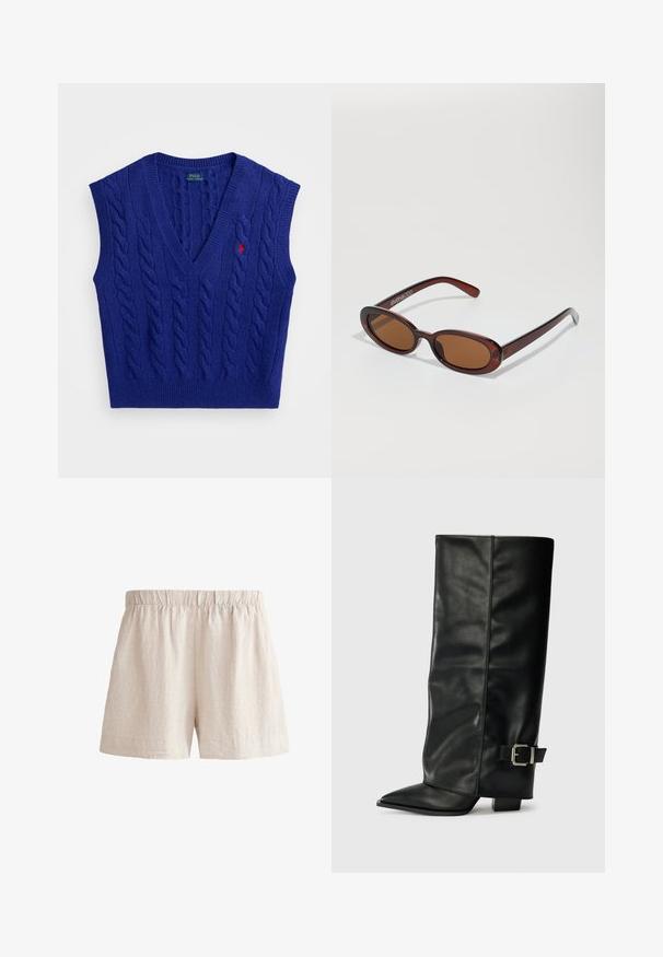 Sininen neulottu hihaton liivi, jossa on V-pääntie, puikkokuvio, ribbireunat ja pieni punainen brodeerattu logo rinnassa.; Vaaleanbeige pellavashortsit, joissa on joustava vyötärö, löysä istuvuus ja yksinkertainen helma. Silkinpehmeä pinta, jossa on hienovarainen, luonnollinen viimeistely.; Musta nahkasaappaat nilkkapituudella, teräväkärkiset, sileällä pinnalla ja hopeisella soljella sivussa. Tukeva neliönmallinen korko.; Pyöreät, ruskehtavat aurinkolasit, joissa on kiiltävä burgundinpunainen runko. Kapeat sivut, joissa on hienovarainen brändäys. Litteät linssit.