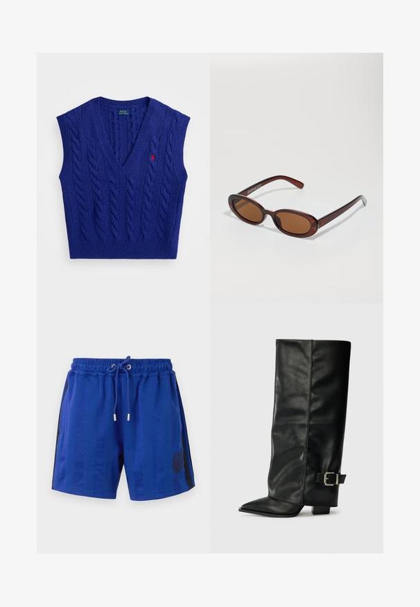 Colete de malha azul sem mangas, com decote em V, padrão de tranças, bordas caneladas e um pequeno logótipo vermelho bordado no peito.; Calções atléticos azuis com uma cintura elástica, cordão, riscas pretas laterais e um desenho de brasão floral. Textura de tecido suave.; Botas de couro preto até ao tornozelo com ponta afiada, textura lisa e detalhe em fivela prateada de lado. Salto quadrado robusto.; Óculos de sol redondos, com uma tonalidade castanha e uma armação glossy em bordeaux. Braços finos com um detalhe discreto de marca. Design de lentes planas.