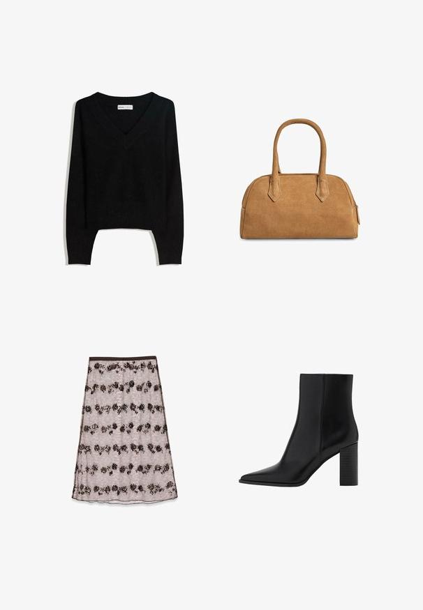 Czarny sweter z dekoltem w serek i długim rękawem, dziany, z prążkowanymi mankietami i dołem, położony na płasko na białym tle.; Koronkowa spódnica midi w jasnoróżowym kolorze z kwiatowymi wzorami w ciemnym brązie i brązie, z cekinami i gładkim pasem.; Czarny skórzany botek za kostkę z ostrywnym noskiem, kwadratowym obcasem, gładką fakturą oraz detalami szycia wzdłuż szwów. Wysokość obcasów wynosi około 3,5 cala.; Torebka zamszowa w kolorze tan, o wyraźnie zdefiniowanej formie, z dwiema rączkami, trójkątnymi wycięciami oraz zamkiem błyskawicznym na górze dla zapewnienia zamknięcia.