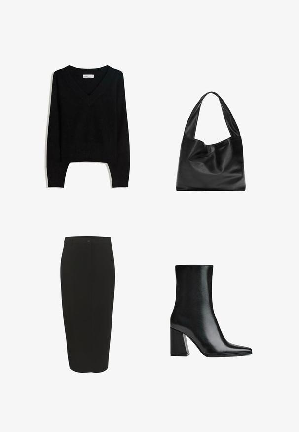 Musta V-pääntie pitkähihaisia neulepaitaa, jossa on resorit hihoissa ja helmassa, aseteltuna tasaiseksi valkoista taustaa vasten.; Musta kynähame, jossa on sileä kangas, korkea vyötärö, yksittäinen nappikiinnitys ja jämäkkä muoto, joka ulottuu juuri polvien alapuolelle.; Mustat nahkasaappaat nilkkapituisena, joissa on teräväkärkinen muoto ja korkea neliön korko. Huoleton pinta, tyylikäs siluetti sekä tukevan pohjan muotoilu.; Musta nahkainen olkalaukku, jossa on pehmeä, roikkuva muotoilu, leveät kahvat ja sileä pinta. Ei näkyviä metalliosia tai koristeluja.