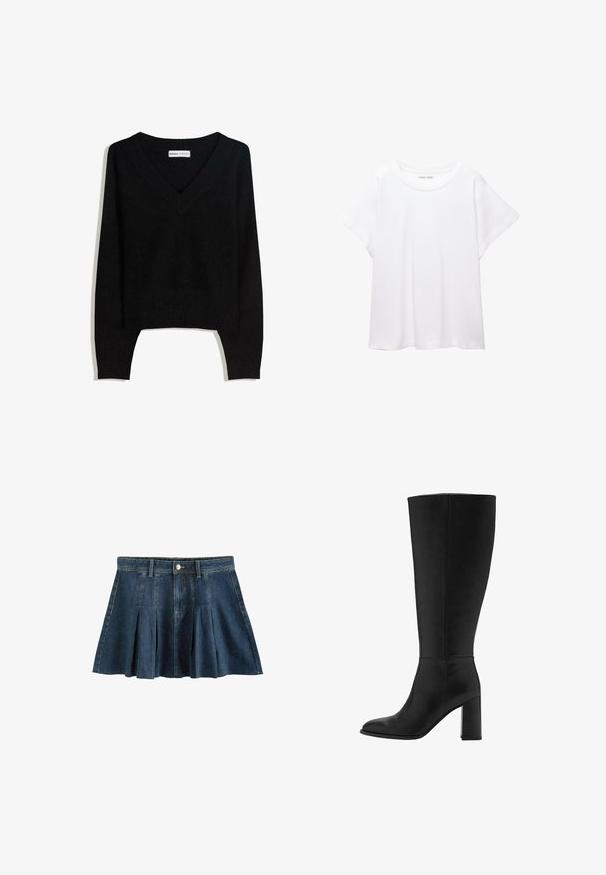 Pull-over en tricot noir à col en V, à manches longues, avec des poignets et un ourlet côtelés, posé à plat sur un fond blanc.; T-shirt blanc en tissu doux et léger. Il présente un col rond et des manches courtes et larges avec une coupe décontractée. Aucun motif visible.; Next REGULAR FIT - Minijupe - dark blue; Botte noire montant, à talons, en cuir lisse. Présente une pointe ronde et un talon épais, avec un minimum de détails de couture.