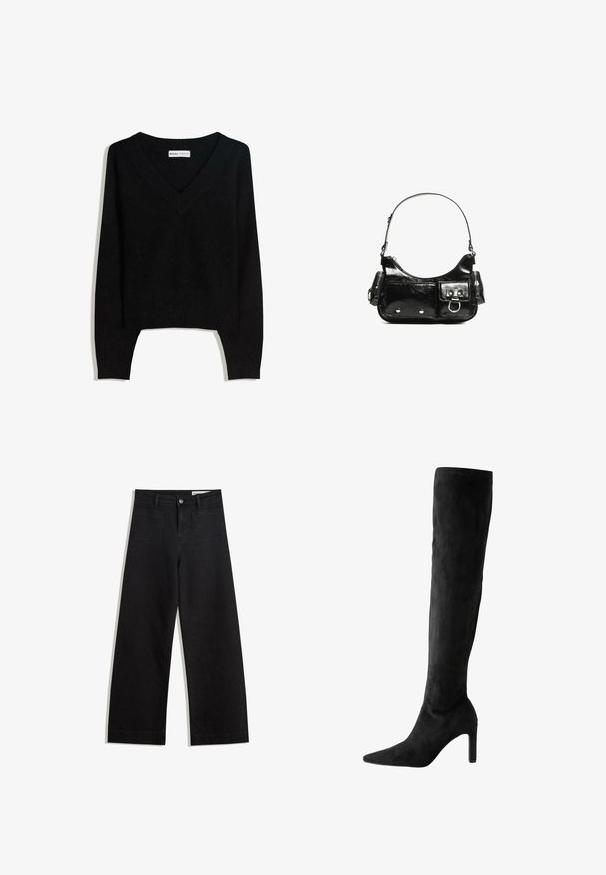 Maglione lavorato a maglia nero con scollo a V e maniche lunghe, con polsini e orlo a costine, steso su uno sfondo bianco.; Pantaloni in denim neri a gamba larga con vita alta, dotati di tasche anteriori e posteriori, cuciture a punto, e chiusura con bottone. Texture liscia.; Stivale in suede nero fino al ginocchio con punta affusolata e texture liscia, caratterizzato da un tacco alto sottile e un design senza soluzione di continuità.; Borsa a spalla in vernice nera con forma curvata, una tracolla, tasche frontali e dettagli in metallo argentato.