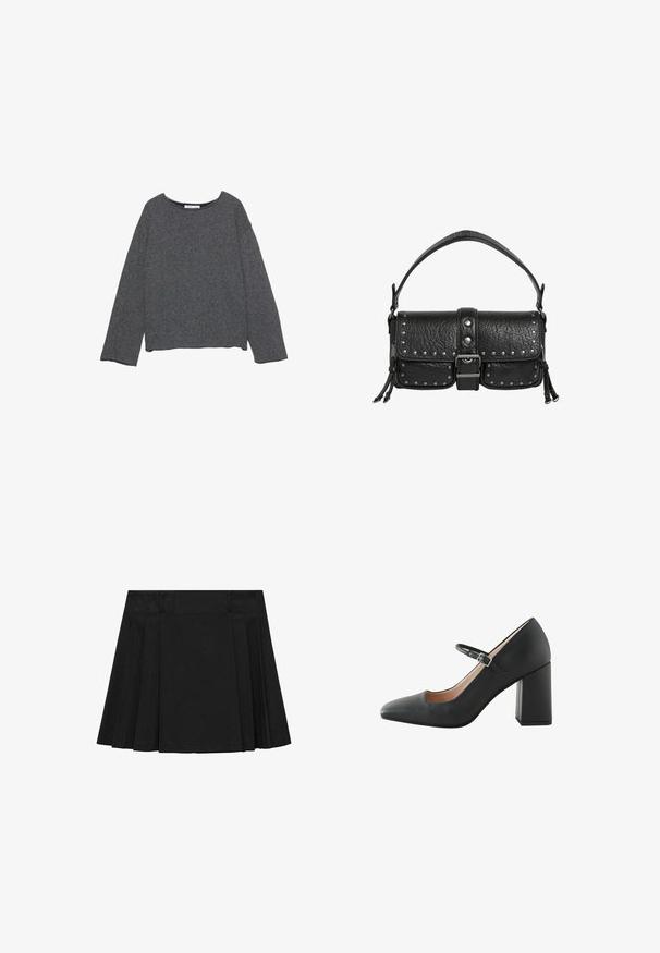 Siv majica z dolgimi rokavi in okroglo ovratnikom ter spuščeni rameni. Narejena iz mehke, teksturirane tkanine z sproščenim krojem in skrajšanim robom.; Mango Plisirano krilo - black; Črne usnjene Mary Jane petke z ostrim nosom in debelim blokastim petam. Imajo tanek nastavljiv trak čez stopalo.; Črna usnjena torba za rame z borbenim zapiranjem, kovinskimi žebljički ob robovih, dvema majhnima sprednjima žepe in kratkimi ročaji.