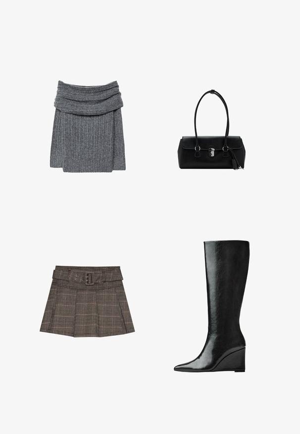 Pull en maille grise avec un large col replié et une texture confortable. Le design est simple et minimaliste, sans aucun logo visible.; Jupe mini à carreaux en noir, brun et beige. Comprend une taille ceinturée, des plis et un tissu texturé avec un motif géométrique.; Bottes en cuir noires jusqu'aux genoux avec un bout pointu et un talon compensé. La surface est lisse avec une finition brillante.; Sac à main en cuir noir avec une texture lisse, au design structuré, doté de deux poignées et d'un détail en métal argenté au centre.