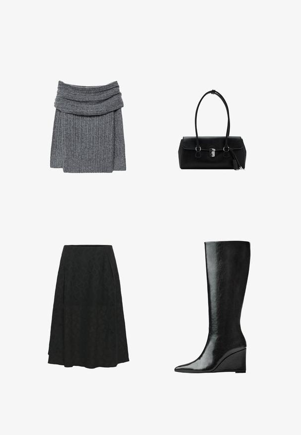 Grå ribbestrikket sweater med en bred, foldet krave og en hyggelig tekstur. Designet er simpelt og minimalistisk uden synlig branding.; Sort nederdel lavet af tekstureret stof med et subtilt geometrisk mønster, med en udvidet design og plisseringer for ekstra volumen.; Knæhøje sorte læderstøvler med en slank, spids tå og en kilehælk. Overfladen er glat med en blank finish.; Sort læderhåndtaske med en glat overflade, struktureret design, dobbelte håndtag og en sølvfarvet låsebeslag detalje i midten.
