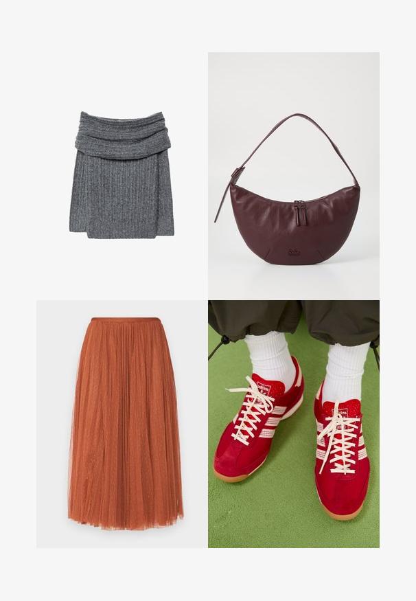 Maglione grigio a costine con un ampio colletto ripiegato e una texture accogliente. Il design è semplice e minimalista, senza alcun marchio visibile.; Gonna in tulle color ruggine con dettaglio in vita aderente. Presenta un design plissettato e accenti metallici sottili su tutta la superficie. Lunghezza midi.; Scarpe da ginnastica in suede rosso e rete con strisce e lacci bianchi. Suola in gomma. Indossate con calze bianche a coste su una superficie verde testurizzata.; Borsa a tracolla in pelle bordeaux con un design curvo, dotata di chiusura con zip, due tirazip e una tracolla corta. I dettagli includono un logo impresso.