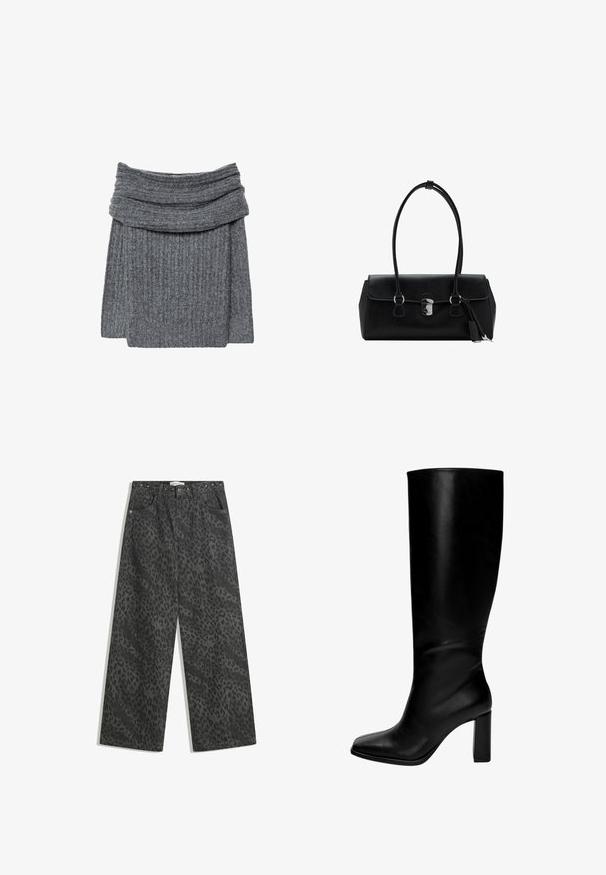 Pull en maille grise avec un large col replié et une texture confortable. Le design est simple et minimaliste, sans aucun logo visible.; Pantalons en denim noir à jambes larges avec un motif léopard subtil, des clous métalliques sur la taille et un design classique à cinq poches.; Bottes en cuir noires jusqu'au genou avec un bout carré et un talon épais. Texture lisse, design ajusté, sans quincaillerie ni motifs visibles.; Sac à main en cuir noir avec une texture lisse, au design structuré, doté de deux poignées et d'un détail en métal argenté au centre.