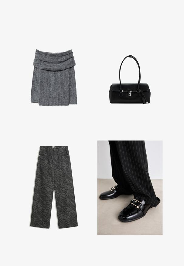 Šedý žebrovaný svetr s širokým, skládacím límcem a příjemnou texturou. Design je jednoduchý a minimalistický, bez viditelného brandingu.; Černé džínové kalhoty s širokými nohavicemi, které mají jemný vzor leopardí srsti, kovové hroty na pásku a klasický design s pěti kapsami.; Černé kožené boty s lesklým povrchem, se širokou zlatou přezkou a páskem, spárované s proužkovanými černými kalhotami.; Černá kožená kabelka s hladkým povrchem, strukturovaným designem, dvojitými uchy a stříbrným kováním ve středu.