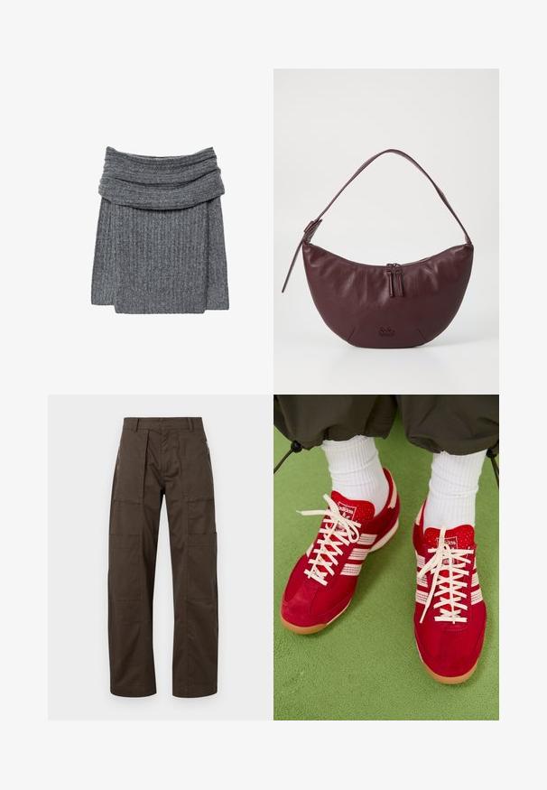 Harmaa ribattu villapaita, jossa on leveä, taitettu kaulus ja mukava pinta. Suunnittelu on yksinkertainen ja minimalistinen ilman näkyvää brändäystä.; Ruskeat cargo-housut, jotka on valmistettu kestävästä kankaasta, jossa on useita taskuja, rento istuvuus ja näkyvät ompelusaumat kestävyysominaisuuksien lisäämiseksi.; Punaiset mokka- ja verkkokankaiset urheilukengät, joissa on valkoisia raitoja ja nauhoja. Kumipohja. Käytetään valkoisten ribbikuvioitujen sukkien kanssa vihreällä tekstuuripinnalla.; Bordeaux-värinen nahkalaukku, jossa on kaareva muotoilu. Laukussa on vetoketjukiinnitys, kaksi vetoketjun vetäjää ja lyhyt olkahihna. Yksityiskohtia ovat kohokuvioitu logo.