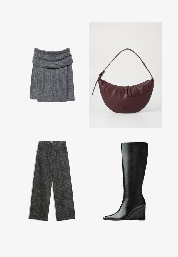 Šedý žebrovaný svetr s širokým, skládacím límcem a příjemnou texturou. Design je jednoduchý a minimalistický, bez viditelného brandingu.; Černé džínové kalhoty s širokými nohavicemi, které mají jemný vzor leopardí srsti, kovové hroty na pásku a klasický design s pěti kapsami.; Černé kožené boty do půlky lýtek s úzkou, špičatou špičkou a klínovým podpatkem. Povrch je hladký s lesklým finišem.; Bordó kožená kabelka s zakřiveným designem, která má zipové uzavření, dva jezdce na zip a krátký popruh na rameno. Mezi detaily patří embosované logo.