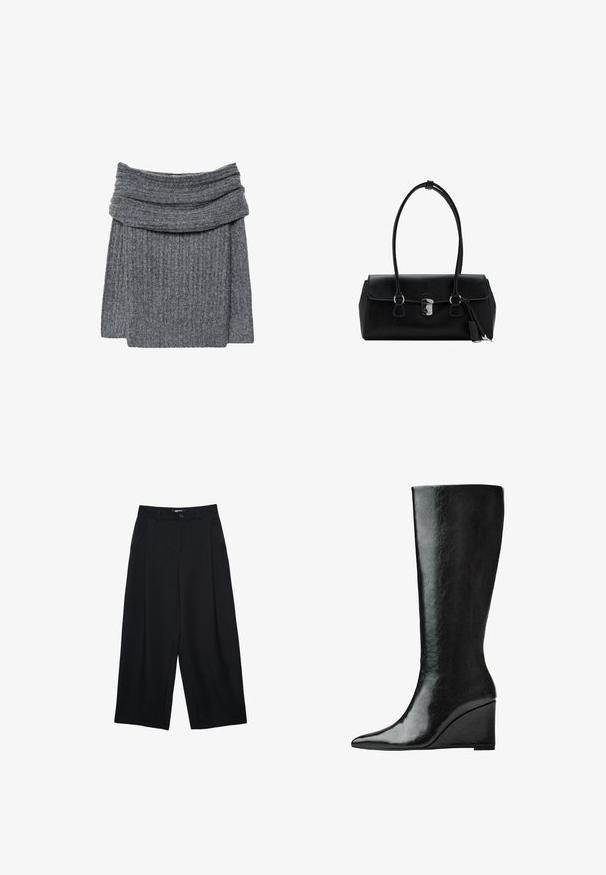 Szary sweter prążkowany z szerokim, złożonym kołnierzem i przyjemną w dotyku teksturą. Projekt jest prosty i minimalistyczny, bez widocznego logotypu.; Czarne spodnie typu wide-leg wykonane z gładkiego materiału, z zapięciem na guziki z przodu, plisami i bocznymi kieszeniami dla większej funkcjonalności.; Czarne skórzane kozaki sięgające do kolan, z eleganckim, spiczastym noskiem i obcasem w kształcie klina. Powierzchnia jest gładka o błyszczącym wykończeniu.; Czarna skórzana torebka o gładkiej fakturze, usztywnionym fasonie, podwójnych uchwytach i srebrnym zapięciu na środku.