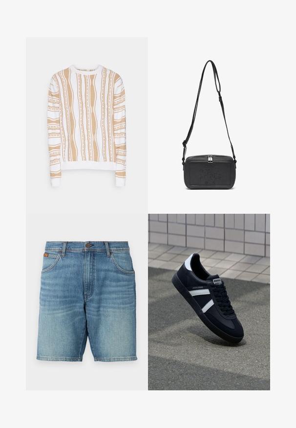 Krem pulover z navpičnimi svetlo rjavimi črtami, ki vsebuje teksturirane vzorce in bele dodatke. Rebrast ovratnik in manšete. Mehka tkanina.; Denim kratke hlače v svetlo modrem pranju, z značilnim 5-žepnim dizajnom, gumbom za zapiranje in subtilnim zbledeljem. Čista robna linija in vidna tekstura.; Črne usnjene superge z belimi črtami, teksturiran gumijast podplat in zavezovanje spredaj. Imajo označeno oznako na ježku.; Črna usnjena torbica čez ramo z zadrgo, embosirano logotipom spredaj in nastavljivim pasom. Gladka površina z pravokotno obliko.