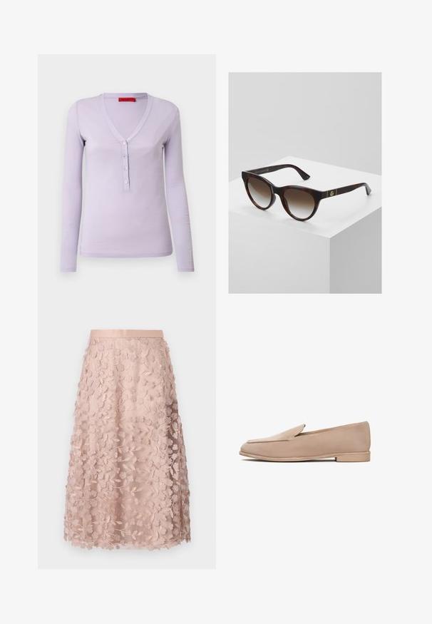 Beige knit sweater with a round neck, ribbed cuffs, and hem. Soft texture and relaxed fit, suitable for casual wear.; Lilac long-sleeve top with a V-neckline, featuring a five-button placket and a soft, lightweight fabric. Simple, fitted design.; Lace midi skirt in soft pink with floral embroidery, featuring a fitted waistband and layered design, accentuating a delicate texture.; Beige suede loafers with a low heel, almond-shaped toe, and stitched detailing along the edges. Smooth texture and minimalist design.; Tortoiseshell sunglasses with a cat-eye shape, gradient brown lenses, gold logo accents on the arms, sleek, glossy finish.; Beige suede handbag with gold chain straps, structured rectangular shape, stitched detailing, and a gold logo accent on the front.