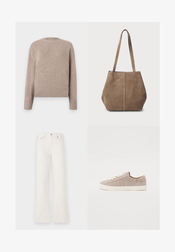 Beige strikkegenser med rund hals, ribbede mansjetter og kant. Myk tekstur og avslappet passform, egnet for hverdagsbruk.; Hvite vide jeans laget av denim, med høy midje, fem lommer og dobbelt søm, samt detaljer i kobberfarge.; Lys beige kanvas sneakers med en teksturert overflate, rund tå, hvite snørehull og en kremfarget gummisåle. Minimalistisk design med subtile detaljer.; Brun semsket tote bag med to lange håndtak, vertikal sømdetalj på forsiden og en myk tekstur. Romslig design som er egnet for hverdagsbruk.