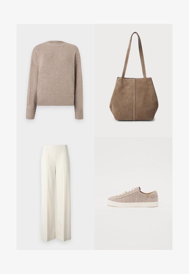 Pull en tricot beige avec un col rond, des poignets et un ourlet côtelés. Texture douce et coupe décontractée, adapté pour un usage décontracté.; Pantalons larges blancs en tissu lisse avec plis avant. Conçus avec une taille haute et une finition soignée.; Baskets en toile beige clair avec une surface texturée, bout rond, œillets blancs et semelle en caoutchouc crème. Design minimaliste avec des accents subtils.; Sac fourre-tout en daim marron avec deux longues poignées, détail de couture verticale sur le devant et une texture douce. Design spacieux convenant à un usage quotidien.