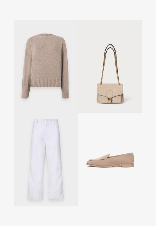 Beżowy sweter dziany z okrągłym dekoltem, ściągaczami przy mankietach i u dołu. Miękka tekstura i luźny krój, idealny do codziennego noszenia.; Białe bawełniane spodnie o prostym kroju, z podwiniętymi nogawkami i bocznymi kieszeniami. Prosty design bez widocznych wzorów lub akcentów.; Beżowe mokasyny zamszowe na płaskiej podeszwie, z delikatnie spiczastym noskiem i minimalnymi przeszyciami wzdłuż krawędzi. Gładka faktura na całej powierzchni.; Beżowa surowa torebka na ramię z złotymi łańcuszkami, wytłaczany prostokątny kształt, przeszycia oraz złoty akcent z logotypem z przodu.; Lauren Ralph Lauren BASIC SMALL HOOP - Kolczyki