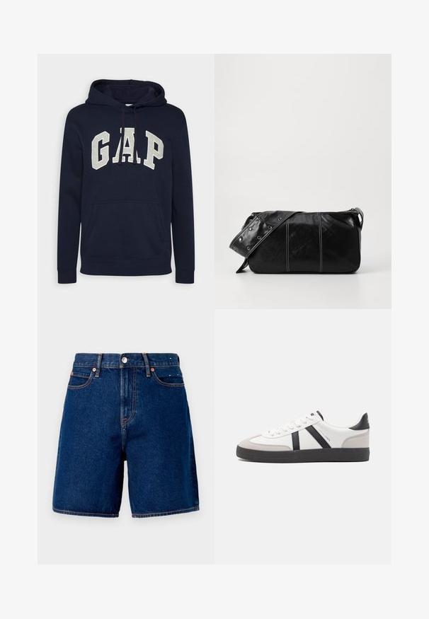 Tumši zilas krāsas kokvilnas sudrabvīrs ar lielu, gaiši pelēku "GAP" logotipu, priekšējo kabatu un auklītēm uz kapuces. Klasisks dizains ar ribotām piedurknēm.; Tumši zili džinsi šorti ar vidēju jostasvietu, piecām kabatām, vara aparatūru un kontrastējošiem oranžiem izšuvuma akcentiem.; Baltas sneakeris ar melniem un pelēkiem akcentiem, kuram ir teksturēts pelēks purngals, melna gumijas zole un plakanas baltas šņores. Tīrs dizains, minimālisma stils.; Melnas ādas plecu soma ar rāvējslēdzēja aizdari, ar teksturētu virsmu, baltu dūrienu un siksnu ar sudraba iekavām.