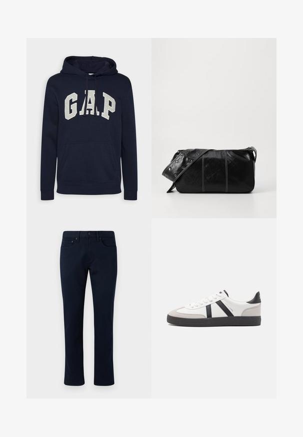 Tumesinine puuvillane kapuutsiga sviiter, mis on kaunistatud suure, heleda halli "GAP" logoga, esisees tasku ja kapuutsi all köied. Klassikaline disain ribakätistega.; Tumesinine teksapüksid kitsas lõikega, klassikalise viie tasku disainiga ja peente tikandite aktsentidega. Sujuv tekstuur ja ilma kaunistusteta.; Valged tossud mustade ja hallide aktsentidega, tekstureeritud halli varbakattega, musta kummitald ja lamedad valged paelad. Puhtad jooned, minimalistlik stiil.; Must mustra nahkainine õlakott, millel on tõmblukk, tekstureeritud pind, valged õmblused ja rihm hõbedaste rõngastega.