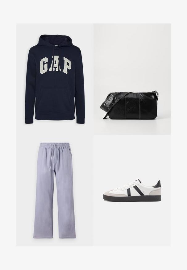 Navy blue cotton hoodie featuring a large, light gray "GAP" logo, front pouch pocket, and drawstrings at the hood. Classic design with ribbed cuffs.; Light purple, loose-fitting pants with a wide leg, made of soft fabric. Features an elastic waistband and drawstring for adjustable fit.; White sneaker with black and gray accents, featuring a textured gray toe cap, black rubber sole, and flat white laces. Clean design, minimalist style.; Black leather shoulder bag with a zip closure, featuring a textured body, white stitching, and a strap with silver grommets.